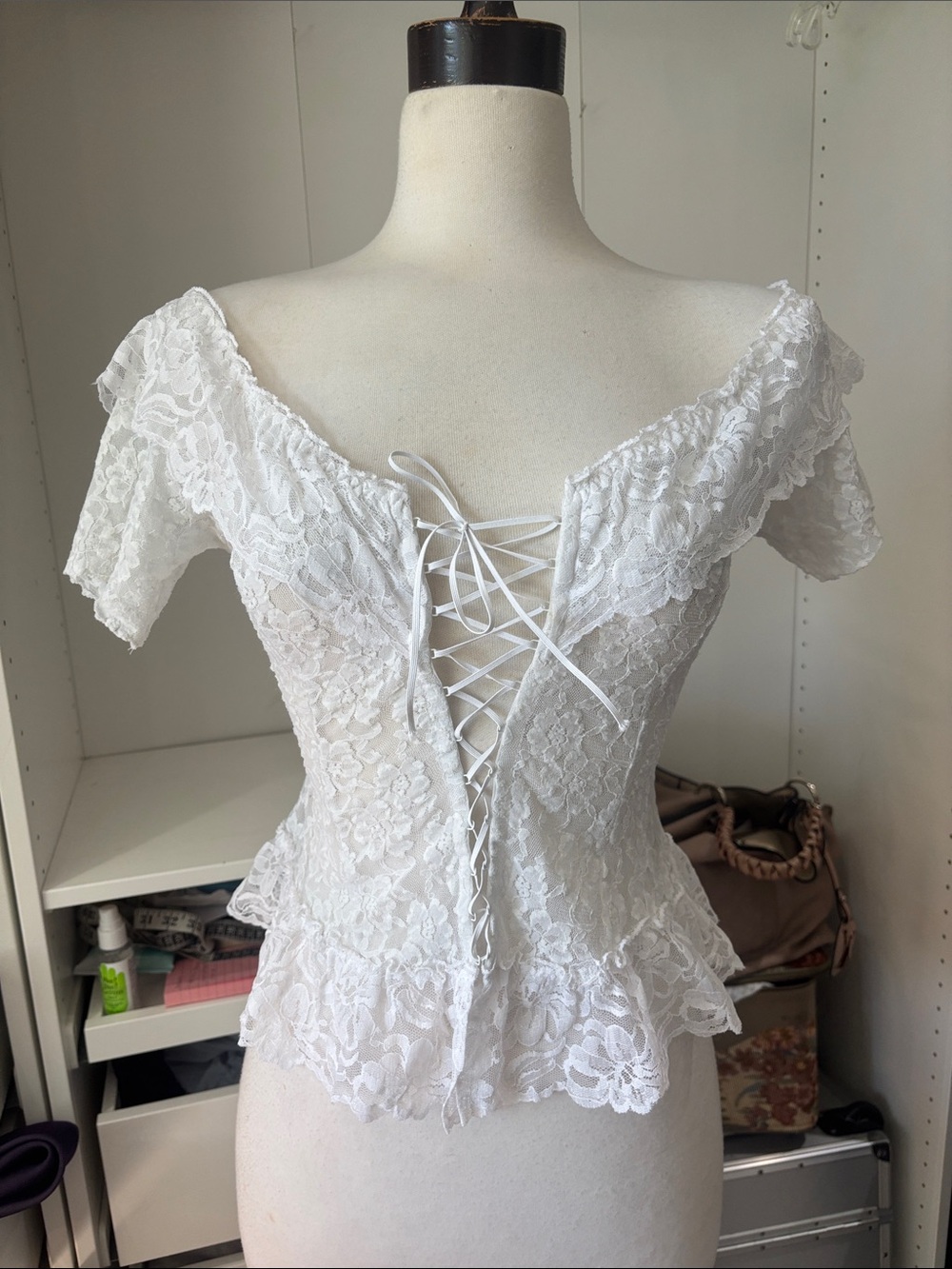 White Lace Off-Shoulder Corset-Style Blouse